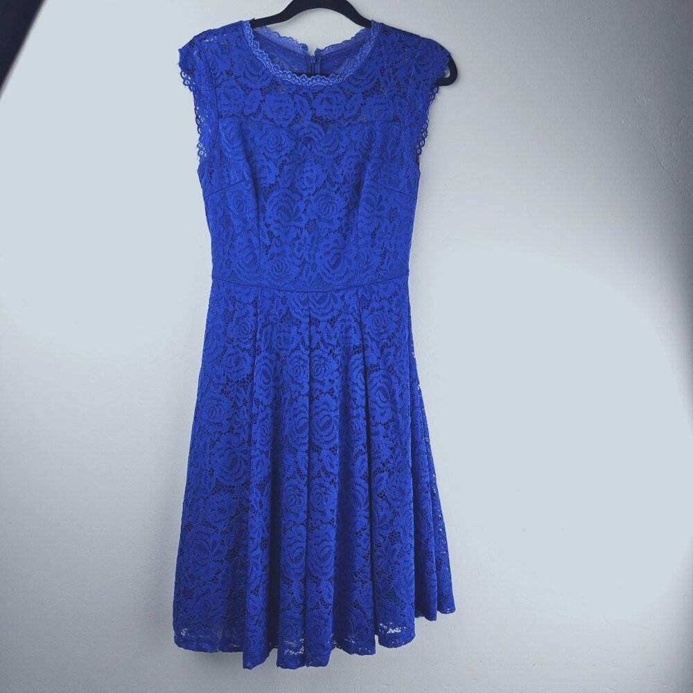 MEETJEN Royal Blue Lace Dress Womens S Midi Length Cap Sleeve Stretch Comfy NICE